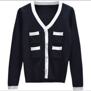 Chanel style sweater with faux pearls button